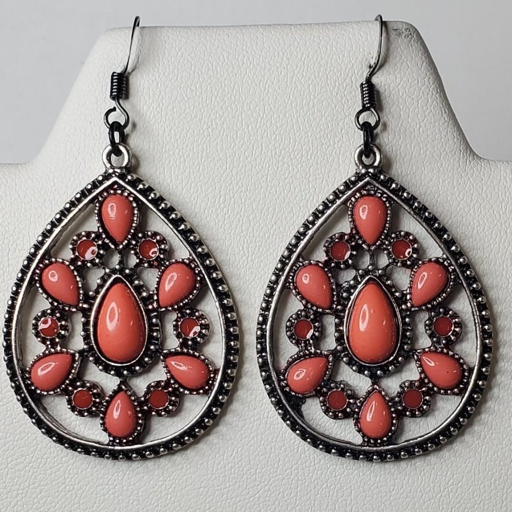Teardrop Earrings with Coral Stones